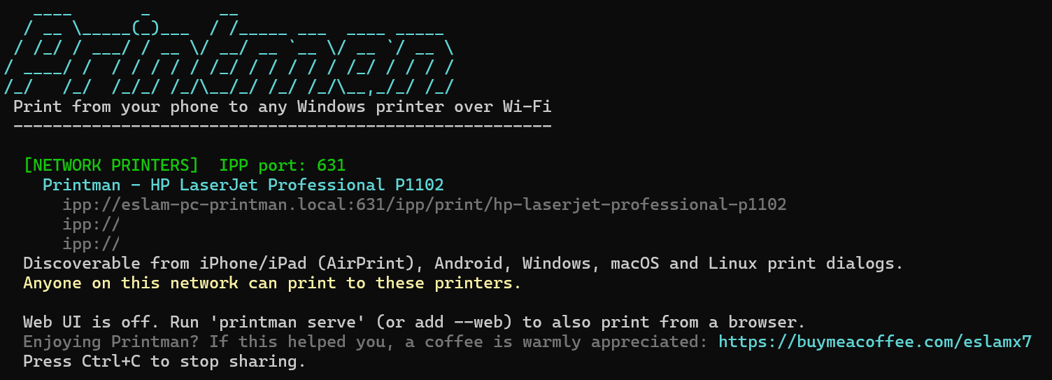printman share announcing shared network printers and their ipp:// URLs
