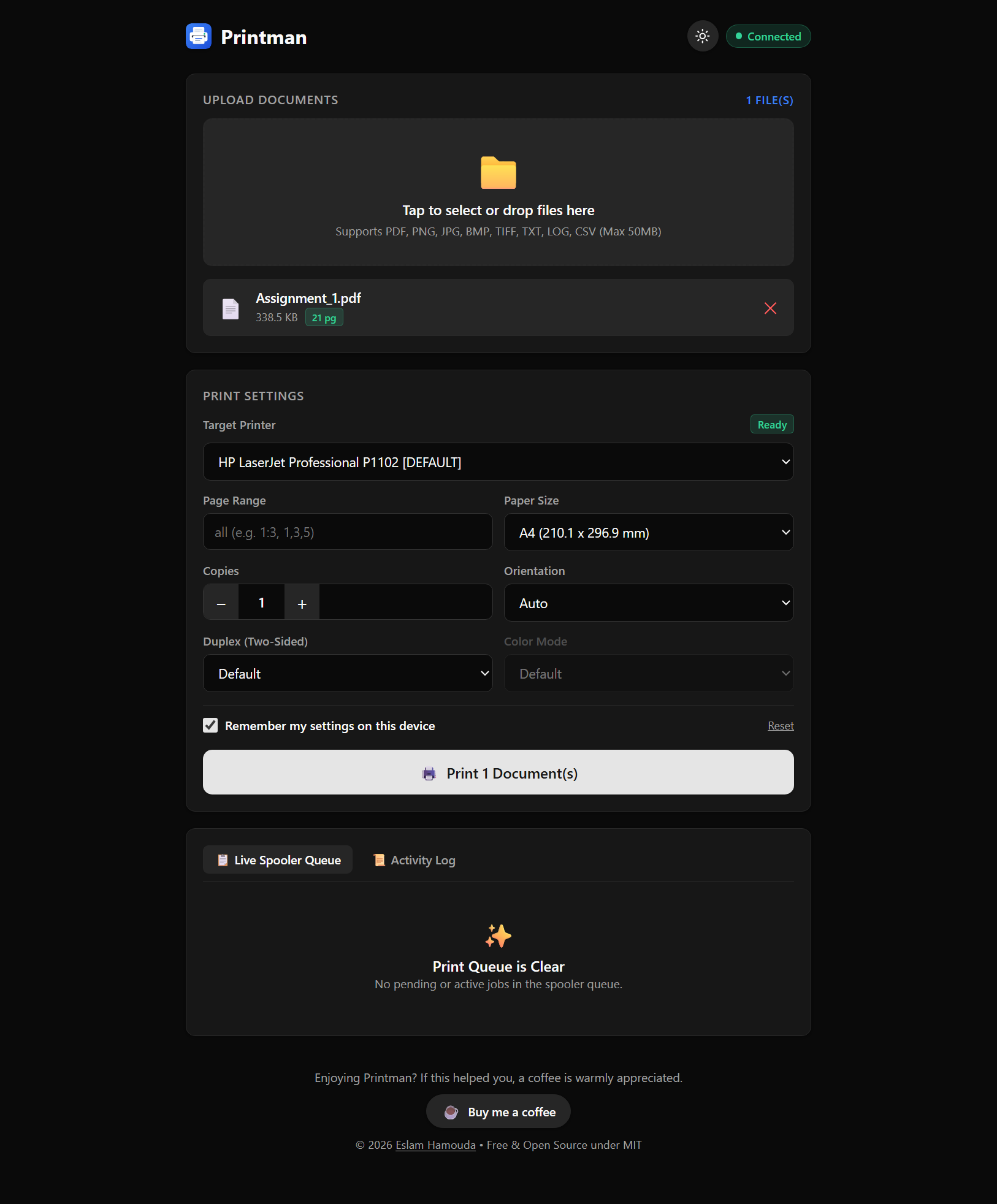 Printman Desktop Web (Dark Theme)