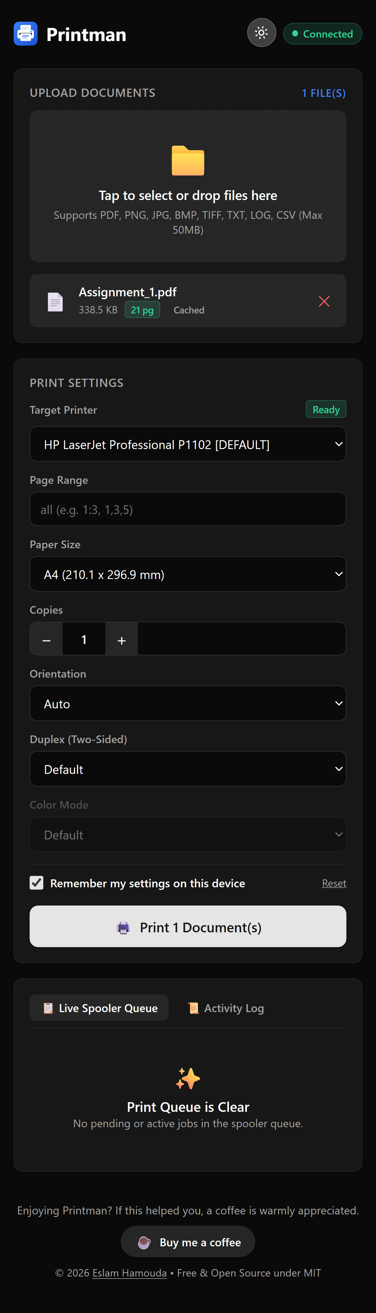 Printman Mobile Web (Dark Theme)